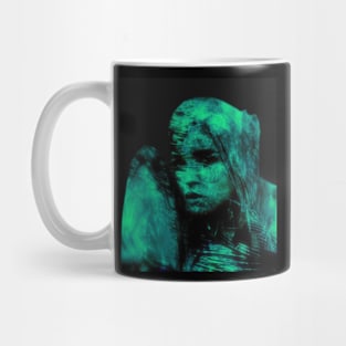 Beautiful girl, warrior with a shield, knight. Dark but beautiful. Blue and green. Mug